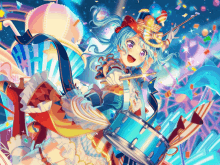 a girl with blue hair is playing a drum