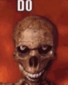 a close up of a skeleton with a red background and the words `` do '' written on it .