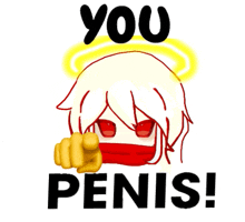 a drawing of an angel pointing at the words " you penis "