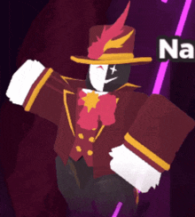 a cartoon character wearing a top hat with a feather on it and the word na in the corner