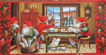 a painting of a group of elves working on gifts