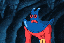 a blue cartoon character with red eyes and a red shirt