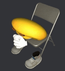 a smiley face is sitting on a folding chair with a pair of nike shoes