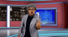 a man with gray hair and glasses is giving the middle finger in a news studio