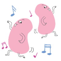 a cartoon drawing of two pink beans dancing with music notes around them