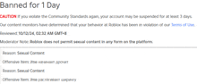 a screen shot of a website that says banned for one day