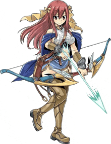 a girl with red hair is holding a bow and a sword