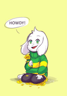 a drawing of a goat with a yellow flower and a speech bubble saying howdy