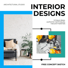 an advertisement for interior designs shows a living room and a construction site