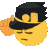 a yellow smiley face wearing a black hat is pointing at something .