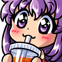 a cartoon drawing of a girl with purple hair drinking from a cup with a straw