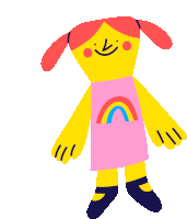 a cartoon drawing of a girl with pigtails and a rainbow on her shirt