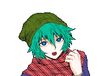 a girl with green hair and blue eyes is wearing a scarf and a hat