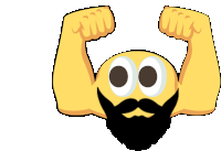 a cartoon smiley face with a beard and big eyes is flexing his muscles