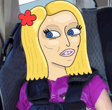 a cartoon of a girl wearing a seat belt and a flower in her hair