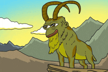 a cartoon of a goat with long horns standing on a rock