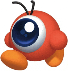 a red and orange cartoon character with a big blue eye and antennas .