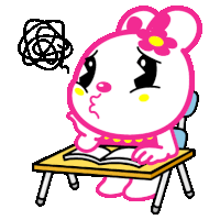 a pink and white cartoon character is sitting at a desk with a book