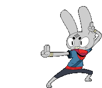 a cartoon of a rabbit wearing a blue shirt and a red bandana