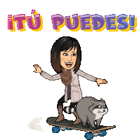 a cartoon of a woman riding a skateboard with a raccoon