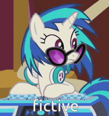 a cartoon of a pony wearing sunglasses and headphones with the word fictive below her