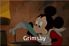 a cartoon of mickey mouse holding a piece of paper that says grimsby on it