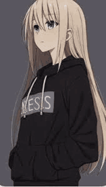 a blonde anime girl is wearing a black hoodie with the word yes on it .