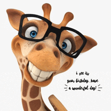 a cartoon giraffe wearing glasses with the words i see its your birthday have a wonderful day