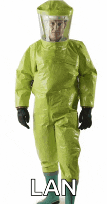 a man is wearing a yellow hazmat suit and the word lan is on the bottom right