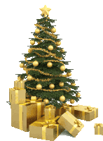 a christmas tree with a star on top is surrounded by gold presents