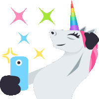 a unicorn is taking a selfie with a blue phone