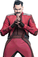 a man with a mustache is wearing a red jumpsuit and gloves