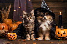 a kitten and a dog wearing witch hats are surrounded by pumpkins and candles