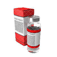 a bottle of vaccine product is next to a red box