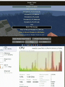 a screenshot of a minecraft game and a screenshot of the cpu