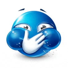 a blue smiley face is covering its mouth with a hand .