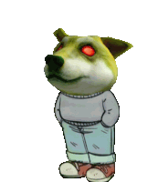 a cartoon dog with red eyes is wearing a sweater and pants