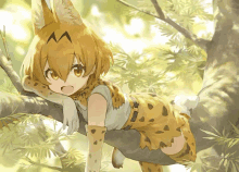 a girl in a leopard outfit is climbing a tree branch