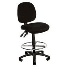 a black office chair with wheels and a foot rest on a white background .