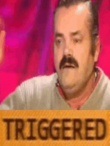 a man with a mustache is holding a sign that says `` triggered '' .