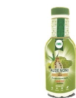 a bottle of imc aloe noni juice has a green label