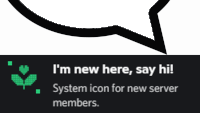 a speech bubble that says i 'm new here say hi system icon for new server members