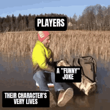 a man is sitting on a raft in the middle of a lake with a bag on his back .