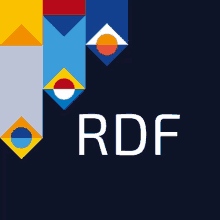 a dark blue background with colored triangles and the word rdf in white letters