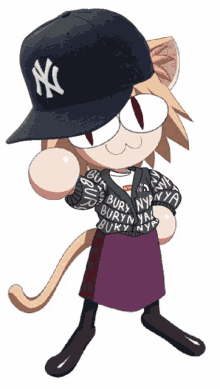 a cartoon cat wearing a ny hat and a purple skirt