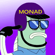 a cartoon character wearing a helmet that says monad on it