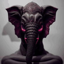 a statue of a black elephant with purple ears