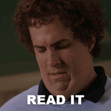 a man with curly hair is reading the word read it on the bottom