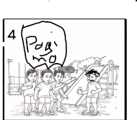 a black and white drawing of children at a playground with a speech bubble that says " pag mo "