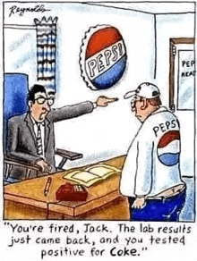 a cartoon of a man sitting at a desk talking to another man in a pepsi jacket .